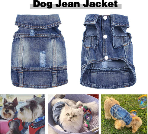 Jean Jacket Puppy Blue Denim Lapel Vest Coat - Dog T-Shirt Clothes for Small Medium Dogs Cats (XS)