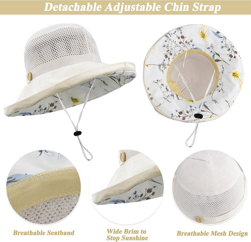 Women's Foldable Fishing Hat, Mesh Sun Hats, Wide Brim Summer Outdoor UV Protection Beach Bucket Cap with Chin Strap
