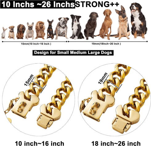 Gold Chain Dog Collar 19mm, 18K Cuban Link with Secure Snap Buckle for Small Medium Pitbull (26")