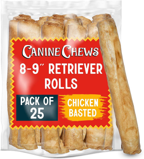 Canine Chews 8-9" Chicken Basted Dog Rawhide Retriever Rolls (25 Pack) -