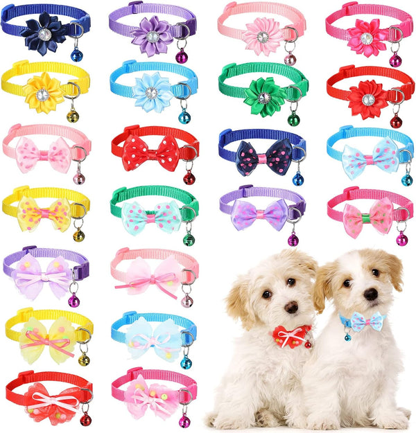 22 Pack Dog Bow Tie Flower Collar, Adjustable Bowtie Dog Collar with Dot Print for Medium Small Dog Cat Puppy (Cute)