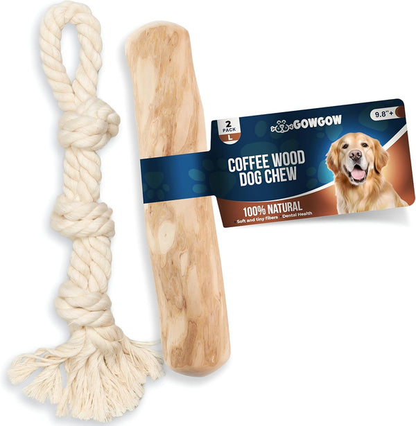 Coffee Wood Dog Chew Stick 9.7" & Natural Dog Rope Toys Size Large for Regular Chewers - 100% Organic Wood Stick