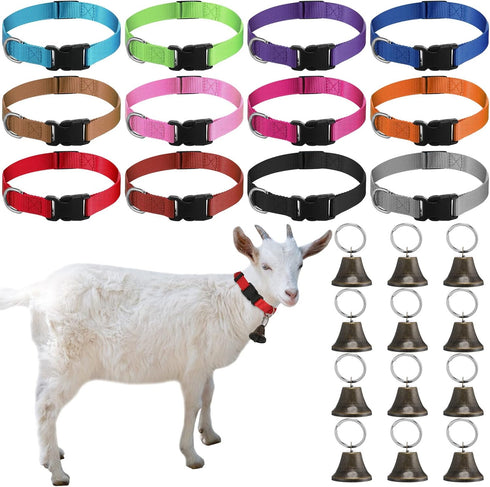 12 Sets Goat Collars with Bells, Adjustable Nylon Dog Bell Collar with Quick Release Buckle for Small Farm Animals,