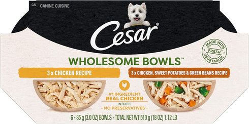 CESAR WHOLESOME BOWLS Adult Wet Dog Food, Chicken Recipe and Chicken, Sweet Potatoes & Green Beans Variety Pack, 3 oz.,