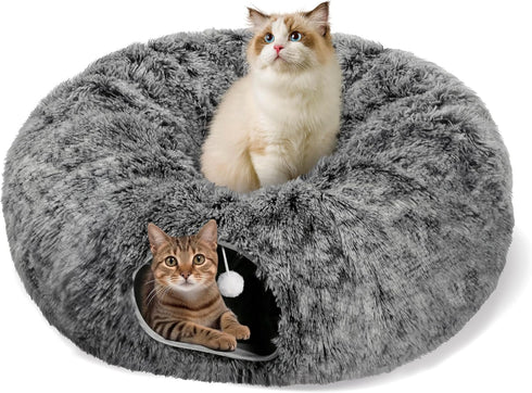 Cat Tunnel Bed for Indoor Cats, Peekaboo Cat Cave with Washable Soft