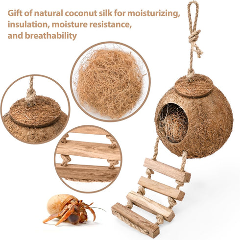 U0U Hermit Crab Coconut Husk Hut with Branch Ladder,Coconut House Hermit Crab Shells Reptile Habitat,Coconut Nest