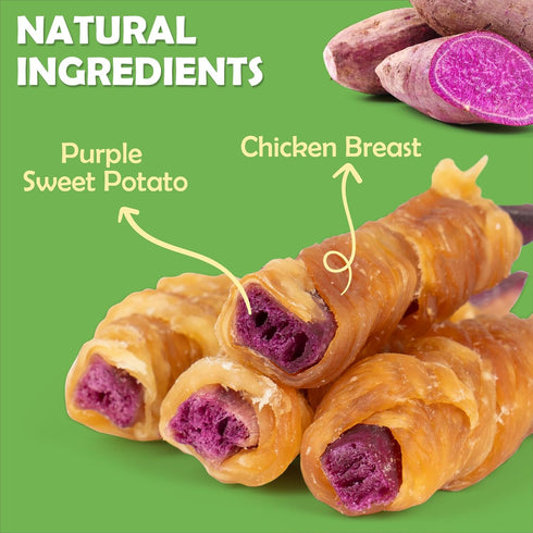 MON2SUN 10.6oz (30 Count Pack 1) Rawhide Free Dog Treats, Chicken Wrapped Purple Sweet Potato Snacks, Healthy