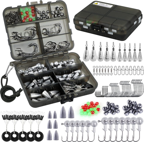 TOPFORT 187/343pcs Fishing Accessories Kit, Includes Jig Hooks, Sinker Weights & Tackle Box