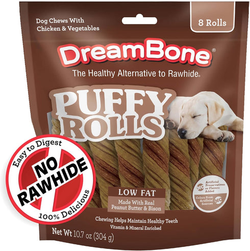 Dreambone Puffy Rolls Chews for Dogs, 8 Count, Rawhide-Free Chews with Real Peanut Butter and Bison