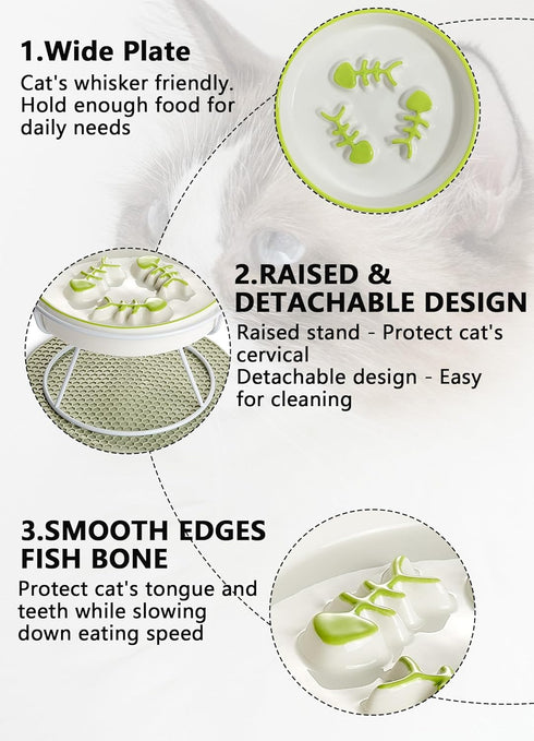 Raised Cat Dog Slow Feeder Bowl with Stand, Elevated Shallow Design, No Whisker Fatigue Ceramic Feeder