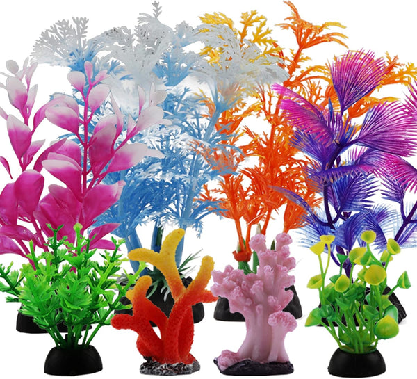8 Pcs Aquarium Decorations, Small Plastic Plants with Resin Coral, Fish Tank Accessories, Aquarium Decor