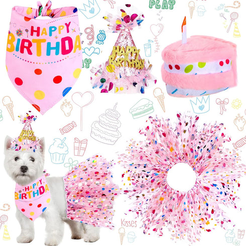 Weewooday 4 Pieces Dog Birthday Outfits, Dog Girl Bandana with Hat and Dress Set for Puppy 1st Birthday Party Supplies