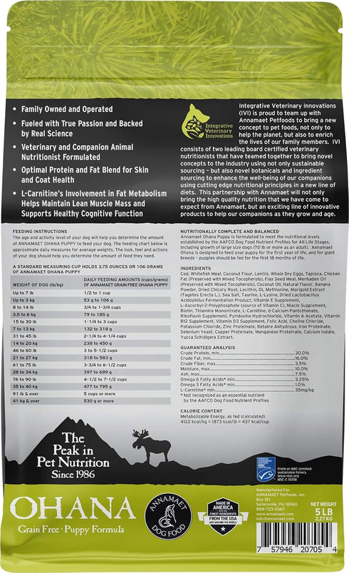 Annamaet Grain-Free Ohana Puppy Dry Dog Food, Line-Caught Cod & Whitefish, 5-lb Bag