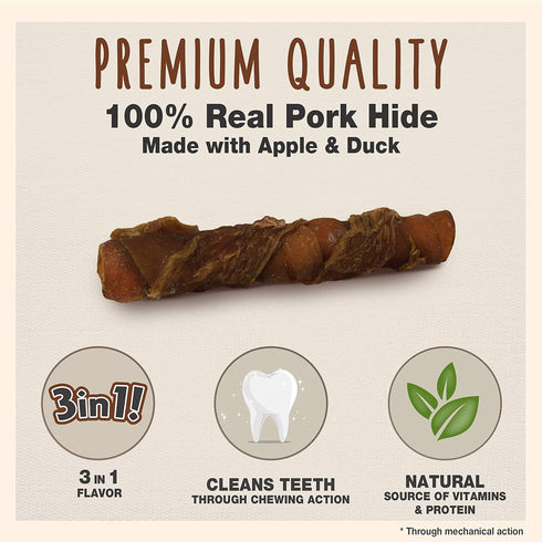 6 Count Cadet Gourmet Triple Chews Long-Lasting Pork Hide Sticks with Apple and Duck, Healthy Dog Treats for Small