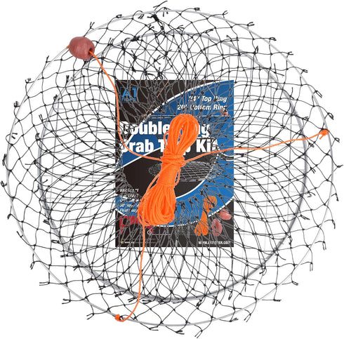 24" 20" 50' Double Ring Crab Trap - Steel Ring Crab Net, Top, Bottom, Rope, Bait Bag, Clip, Gauge for Dungeness, Rock