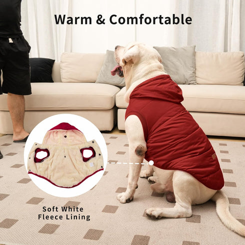 Extra Warm Fleece Lining Dog Hoodie for Large Dogs, Red Jacket with Hood, Size XL for Winter