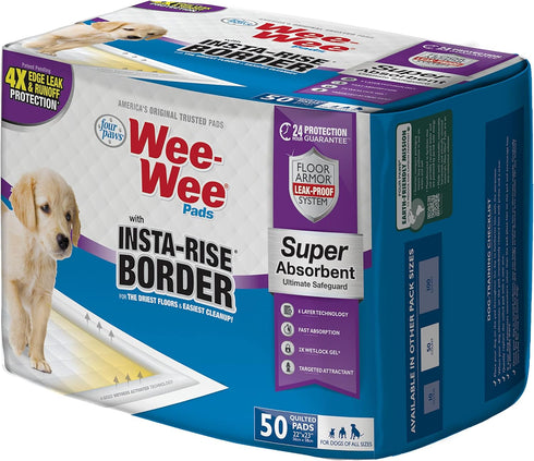 22" 23", 50 Count Four Paws Wee-Wee Super Absorbent Unscented Pee Pads for Dogs & Puppies with Insta-Rise Border
