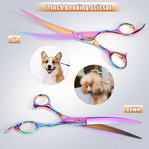 7.0in Set, 6 1 Titanium Professional Pet Grooming Scissors GEMEK in Straight & Thinning & Upwards Curved & Downwards