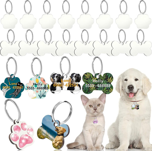 16 Pieces Sublimation Blank Dog Tag Paw Shape ID Tags with 16 Key Ring, Double Sided Craft Pet Tag for Pets