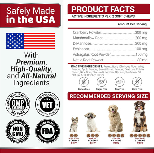170 Immune Dog UTI Chews - Treats - Cranberry Supplement for Dogs - Bladder Control - Digestion & Support - Urinary