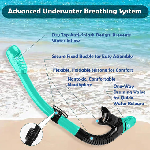Snorkeling Gear Set - Anti-Fog Mask, 3-Piece Dry Top Snorkel with Panoramic View, Food Grade Silicone