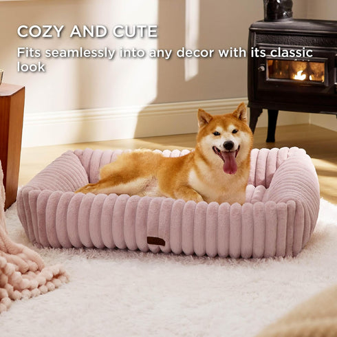 Bedsure Cute Dog Bed for Large Dogs - Washable Furry Puppy Beds, Orthopedic Corduroy Fleece, 36x27x8inches, Blush Pink