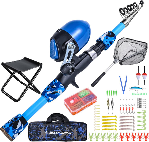 LEOFISHING 170cm/5.6ft Kids Fishing Rod Set, Portable Telescopic Poles with Collapsible Chair, Net, Carrier Bag for