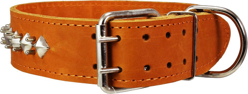Thick Genuine Leather Spiked Studded Dog Collar - Brown, Fits 18"-22" Neck for Retriever, Doberman, Rottweiler, Pitbull