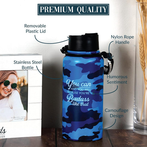 Pavilion Badass 32 oz. Stainless Steel Water Bottle, Reusable Leak Proof BPA-Free Flask, Camouflage Bottle, Blue