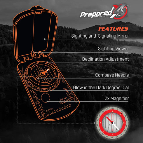 PREPARED4X 35-Ft 550 Hiking Compass Survival Mirror Sighting Map Orienteering Compass with Survival Paracord Lanyard