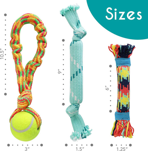 rocket & rex 3-Pack Dog Toy Set, Tug Rope Toys for Small to Medium Breeds, Rubber and Crackle for Extra Chewing Fun
