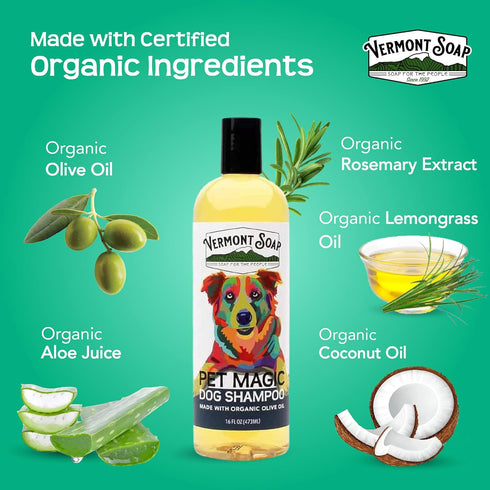 VERMONT SOAP Organics Dog Shampoo, 16oz - USDA Certified, Infused with Organic Olive Oil, Coconut & Aloe Vera