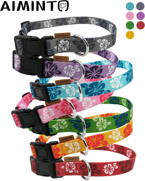 Cute Floral Pattern Dog Collar, Soft Adjustable with Quick Release Buckle (XS, Neck 9-13", Width 3/8", Hawaiian Blue)