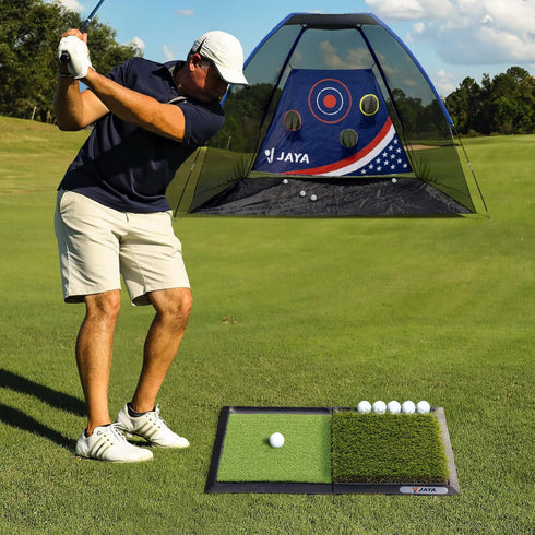 Jaya Golf Hitting Practice Mat, Two Options (Heavy Rubber Base Dual-Turf Mat with Ball Tray, Tri-Turf Mat with Practice