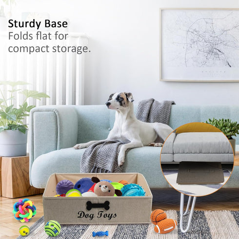 Large Dog Toy Bin Collapsible Dog Toy Box Fabric Trapezoid Dog Toy Basket Storage for organizing pet Toys/Blankets/leashes/Rope Toys/Clothing-Can be Personalized-KhakiStripe