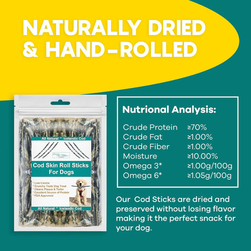 Ocean Tides Icelandic Atlantic Cod Fish Skin Treats for Dogs and Cats - Dried Lean Crunch Sticks Chews