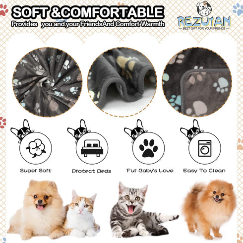 3 Pack Blankets for Dogs, Super Soft Fluffy Fleece, 30x20 inch Grey Flannel Throw for Dog, Puppy, Cat Paw
