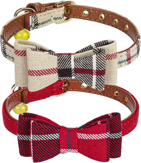PUPTECK Puppy Collar with Bell, XXS Adjustable Bowtie Soft Leather Dog Collar for Cats & Extra Small Dogs (2 Packs)
