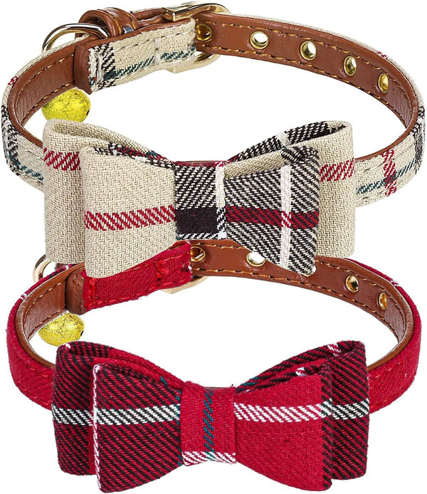 PUPTECK Puppy Collar with Bell, XXS Adjustable Bowtie Soft Leather Dog Collar for Cats & Extra Small Dogs (2 Packs)