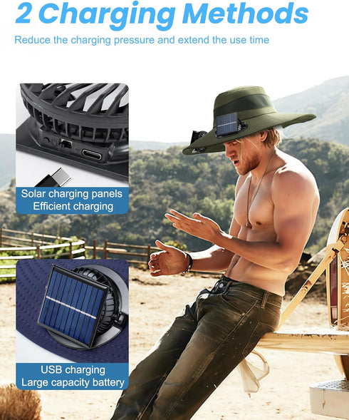 Solar Panel Powered Fan Built in Wide Brim Outdoor Fishing Hat USB Charging Men Ultralight Sun Bucket Mission Cooling