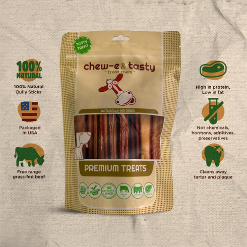 chew-e&tasty 6 Inch Bully Sticks for Dogs (Pack of 20) - Natural, USDA Certified, Odor Free High Protein Treats