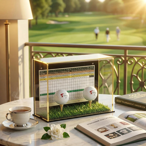 Golf Ball Display Case Stand with Turf Base, for balls from Hole-in-One or Best Score Games with backing to hold the
