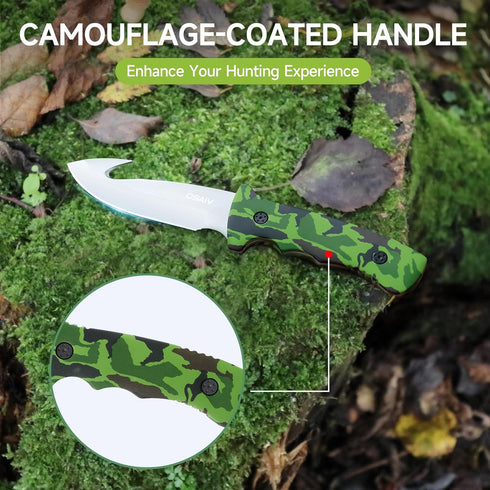 Fixed Blade Hunting Knife, Full Tang Stainless Steel Camping Knife with Gut Hook Edge, Green Wooden Handle, Sheath