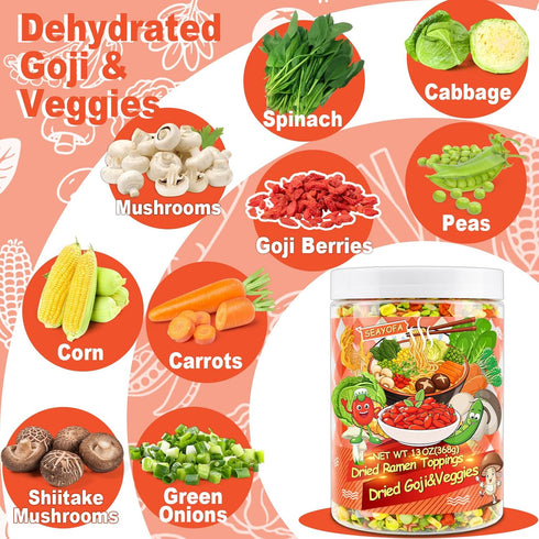 13oz 9 Mixed Dehydrated Goji & Vegetables, Kinds Dried Ramen Toppings with Carrots, Corn & Cabbage, Freeze-Dried