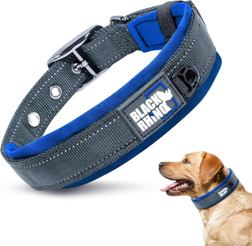 Black Rhino Reflective Dog Collar - Heavy Duty Adjustable Comfort Collar for Large Dogs, Blue/Grey