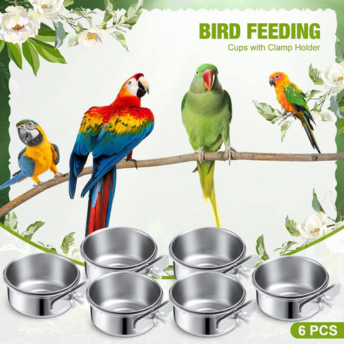 Sabary 6 Pieces Stainless Steel Pet Feeder Water Bowls, 10 oz Bird Parrot Feeders with Holder for Small Animals