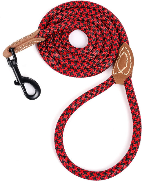 Mile High Life Mountain Climbing Dog Rope Leash, Heavy Duty Metal Clasp, Genuine Leather Connection (Red Black, 72 Inch)