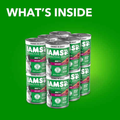 13 oz. (Pack 12) IAMS Proactive Health Wet Dog Food Adult, Canned Dog Food, Beef, Rice, Carrots & Green Beans Chunks