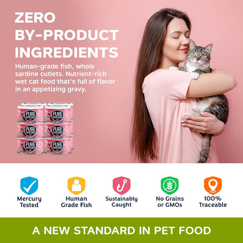 100% Pack 12 Pure Cravings Wet Cat Food Canned Salmon Cutlets in Gravy, Mercury-Tested, Moist Can Fish for Cats