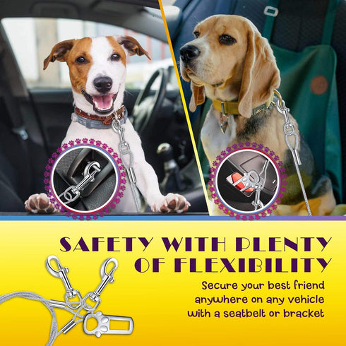 No Chew/Chew Proof Dog Car Seatbelt Safety Restraint, Dog Tie Out with Double Clip & Latch Attachment - 16 Inches